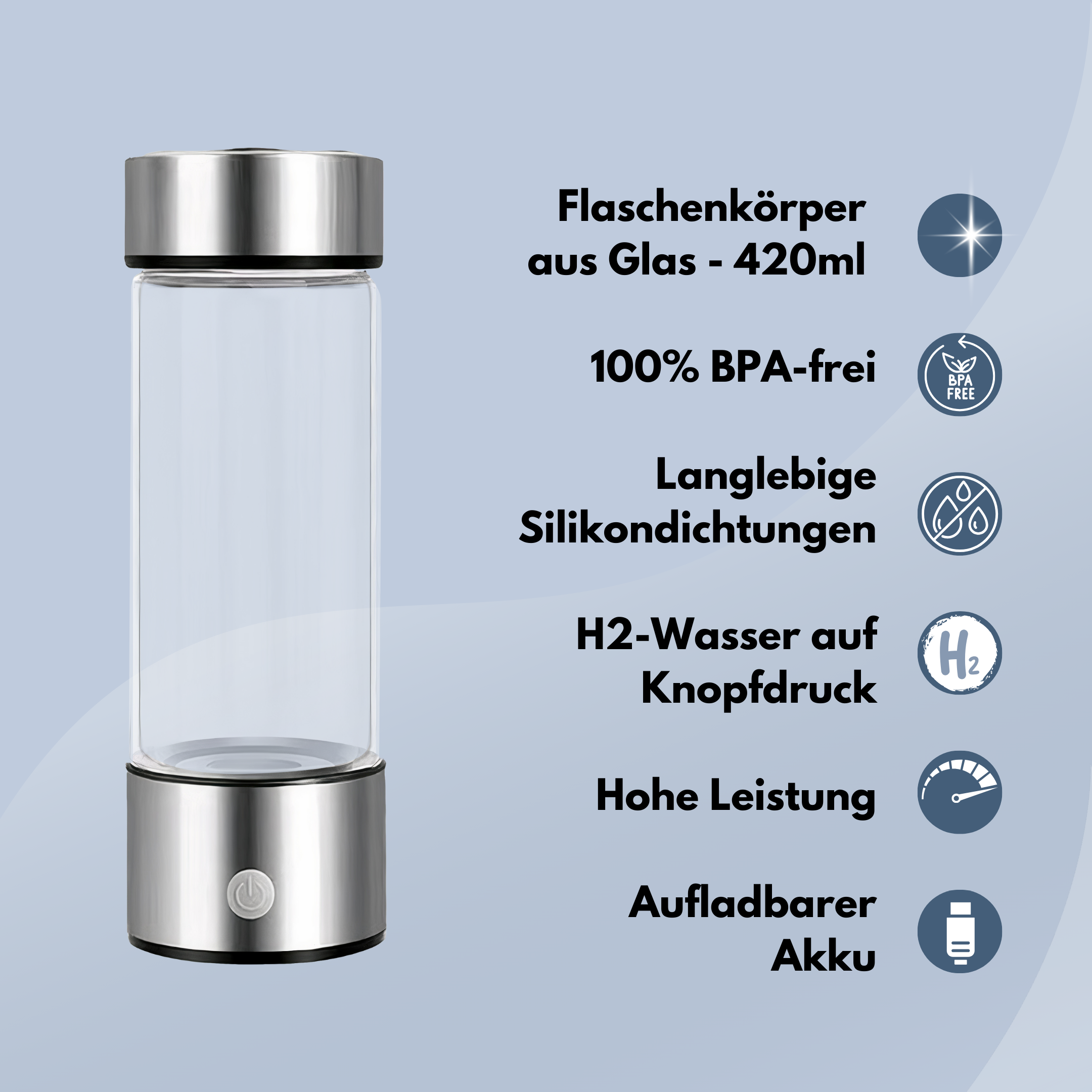DeinPhysio HYDRO H2GO - Wasserstoff Flasche aus Borosilikatglas